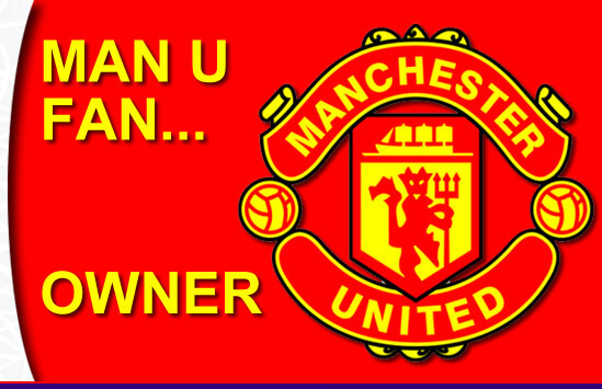 Manchester United stock and logo with text that says man u, fan and owner