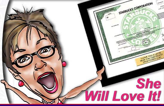 cartoon of woman holding starbucks stock gift with text that says she will love it